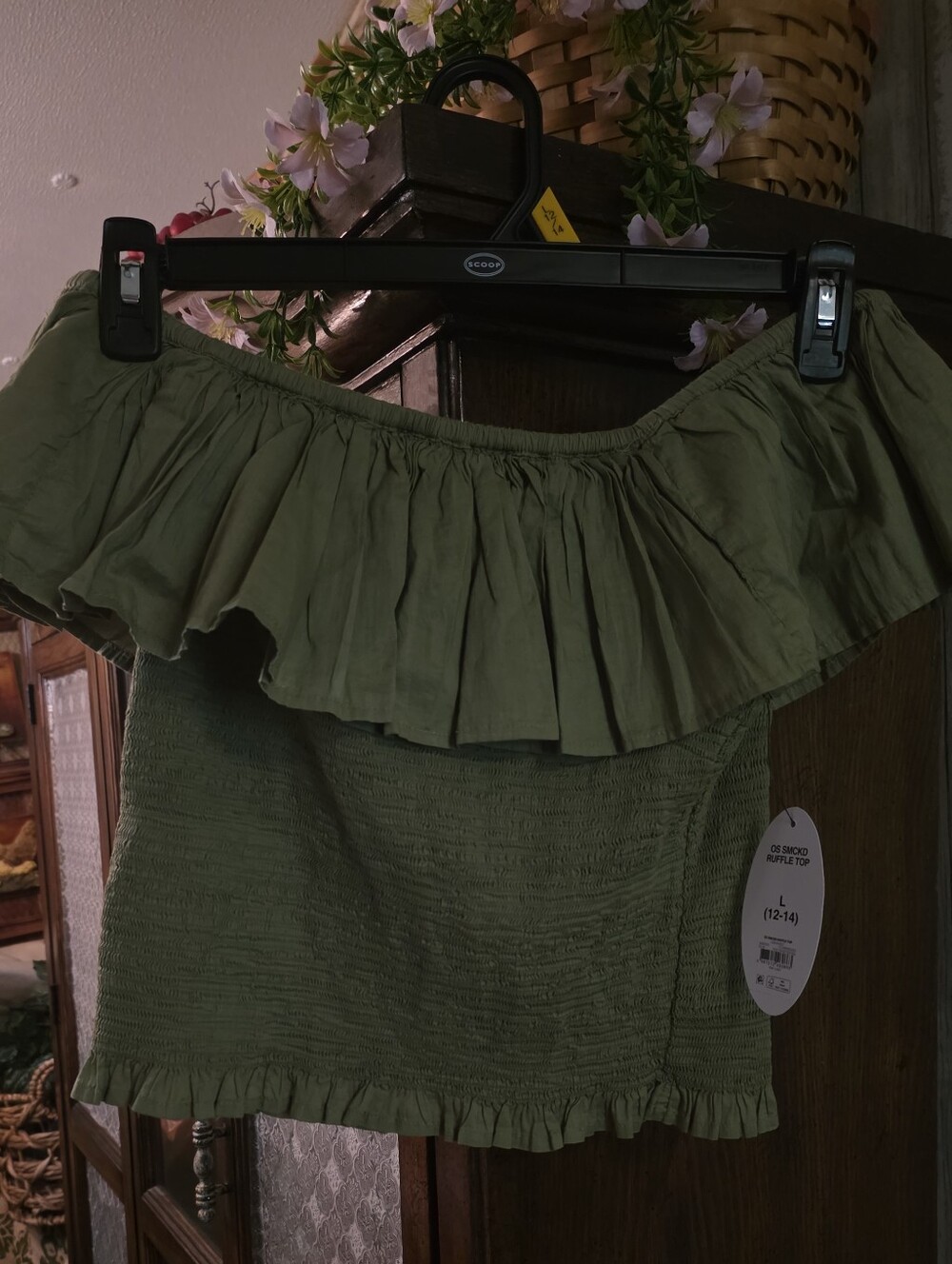 Olive Off-Shoulder Ruffle Women's Top (L) NEW